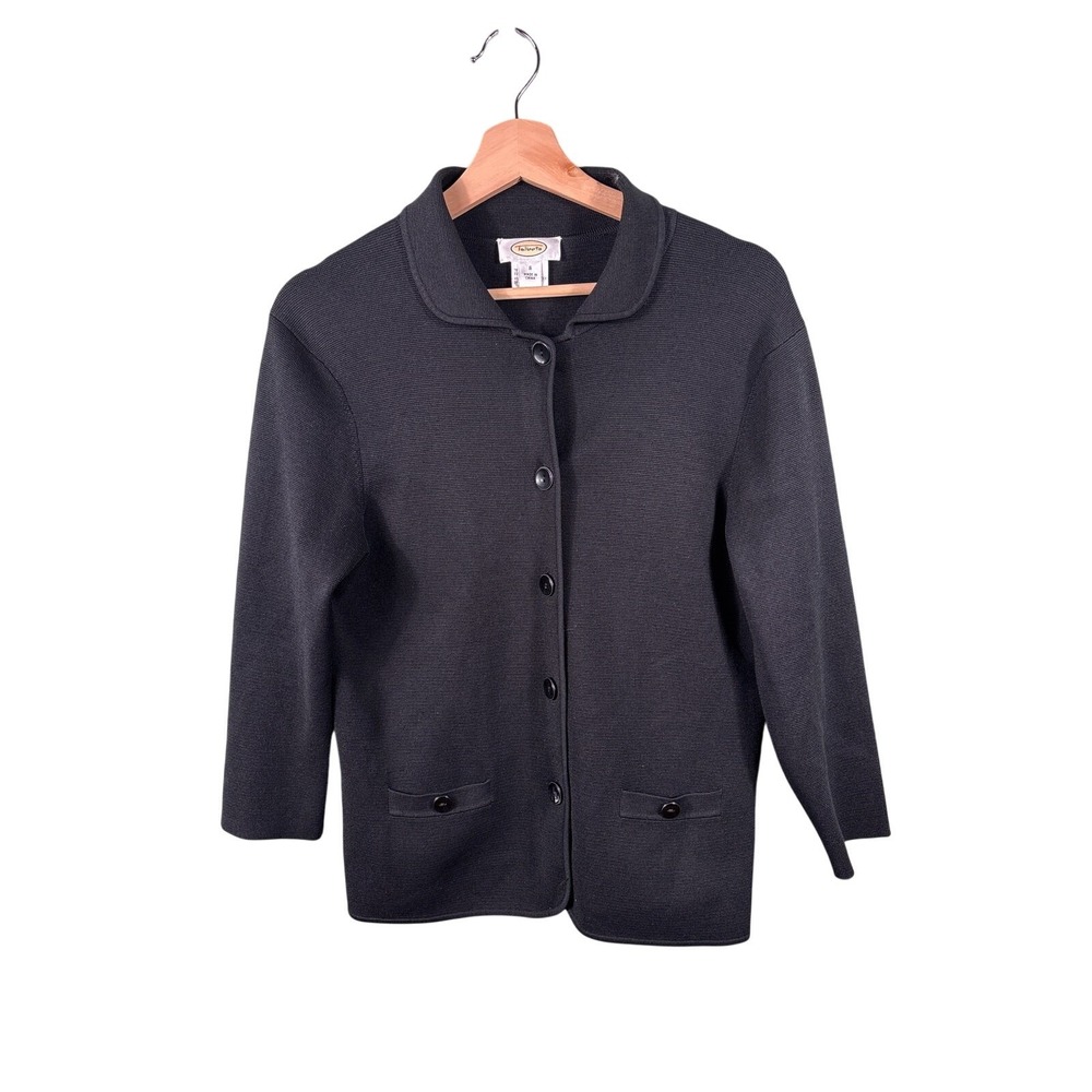 Talbots Cardigan Sweater Women Small‎ Black Silk Blend Peter Pan Collar Knit